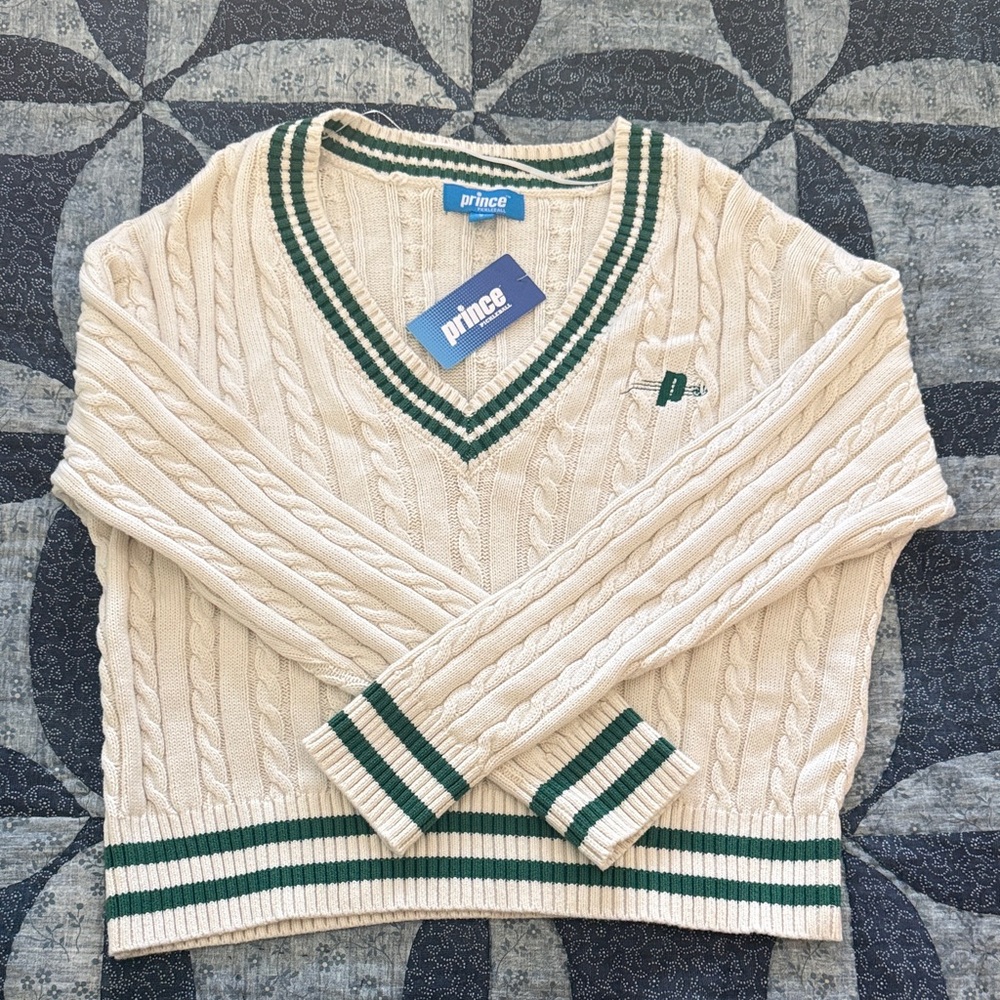 Prince Cream and Green V-Neck Sweater